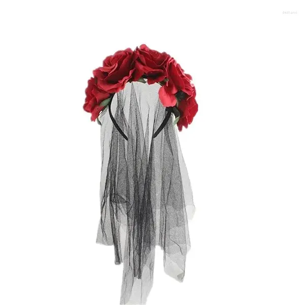 Forniture per feste Halloween Fagro Basella da testa Girls Girl Gothic Black Red Rose Flowers With Velo Costume Costume Caspeggio per capelli Cesti