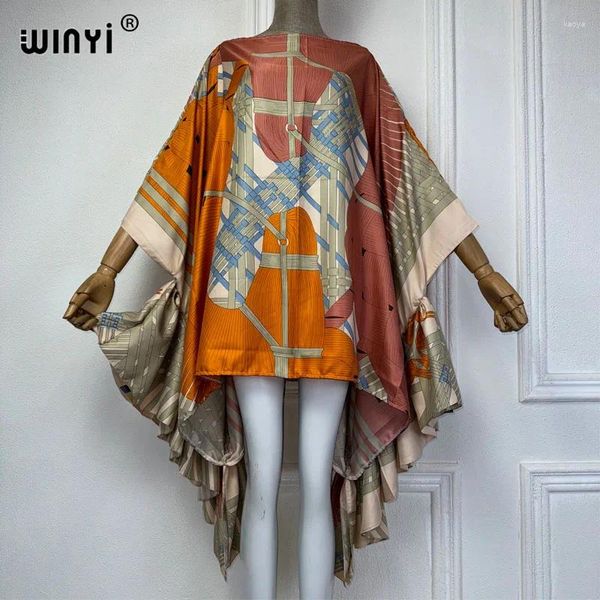 Mulheres de verão noturno de vestido de praia Kuwait Bohemian Print Abaya Kaftan Puff Sleeve Sexy Elegant Beach Cobert Up