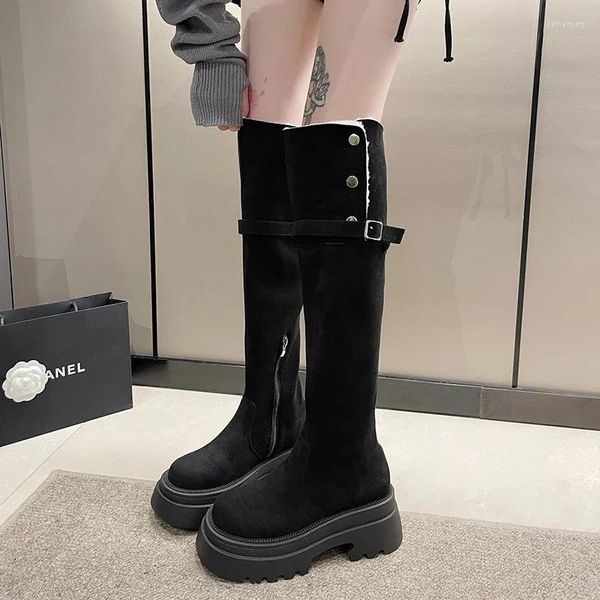 Stiefel Damenschuhe im Verkauf Mode Seite Reißverschluss Frauen Winterrunde Zeh Solid hohe Röhrchen klobige Heels Knight Zapatos Mujer
