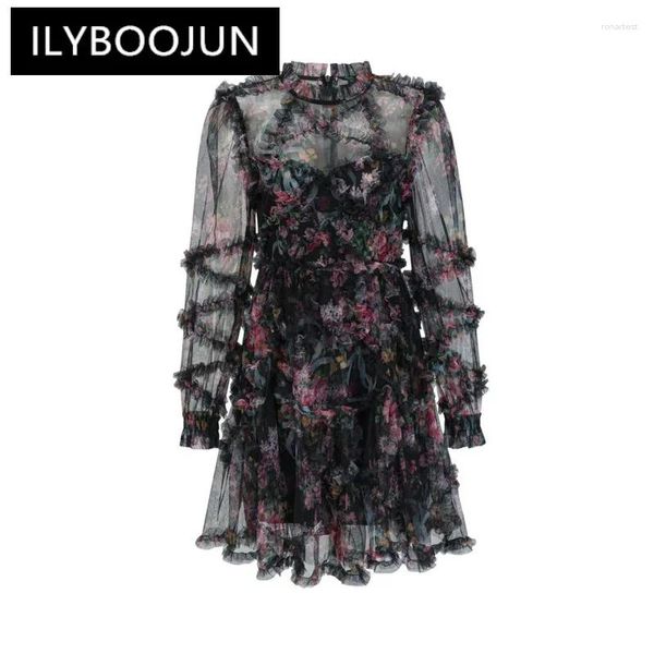 Lässige Kleider Ilyboojun Organza mit farbenfrohen blumigen Frauen Kurzkleid eleganter Stand Hals Mini Länge Vintage Style Herbst 2024