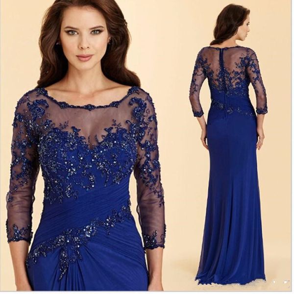 2019 Novo vestido de noite azul real vintage de alta qualidade Aplique Chiffon Dress Vesti