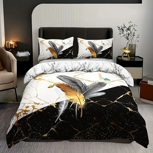 Set di coperture per piumini alla moda in 3 pezzi con lettiera di lettiere con stampa in marmo in marmo di bronzo morbido e comodo lungo la copertura del piumone adatto per camere da letto e camere 240426