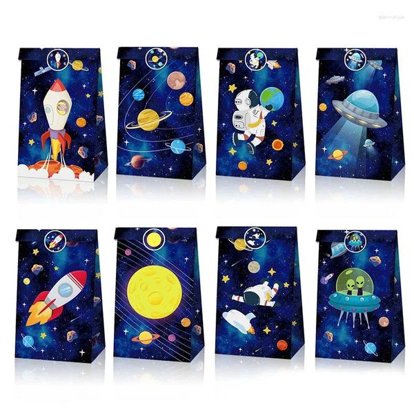 Geschenkverpackung 12pcs Outer Space Party bevorzugt Goody -Taschen mit Aufklebern Papier Galaxy Planet Leckerbissen für Jungen Geburtstagdekoration