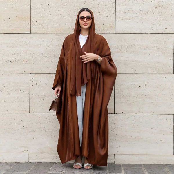 Ethnische Kleidung neuer bescheidener Kimono Abayas für Frauen muslimische marokkanische Dubai Fashion Casual Open Abaya Silk Satin Corban Eid al Adha T240510