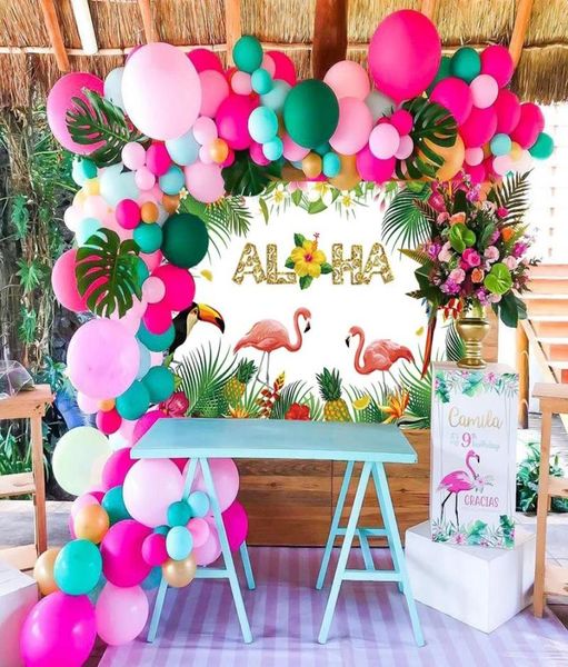 Decoração de festa verão rosa flamingo decoração bandeira de balão tropical suprimentos de aniversário havaiano luau aloha2549812