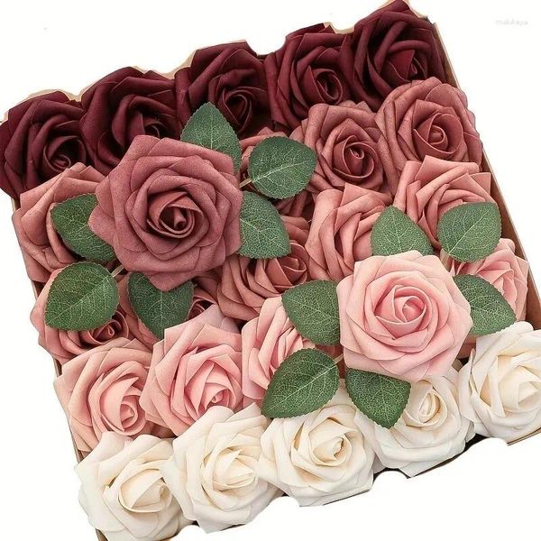 Fiori decorativi 25pc artificiali ARTICOLAMENTE ARTICOLARE VERO BRUCT ONBRE Colori di schiuma rose finte con steli per bouquet per matrimoni fai -da -te Showe Bridal