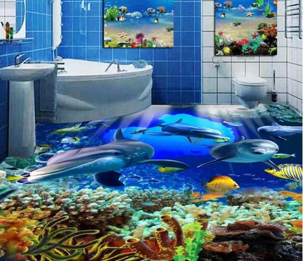 Tapeten Ozean Welt 3D Stereoskopische Schlafzimmer Badezimmer Fußboden Strand Wandbilder in PVC wasserdicht