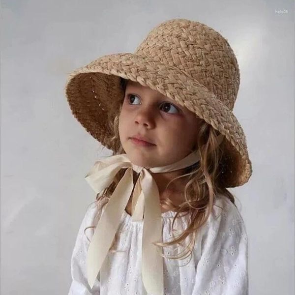 Boinas de verão chapéu de sol para garotas grandes Raffia retro chapéus de primeira linha viajará férias de protetor solar de férias com laço com laço