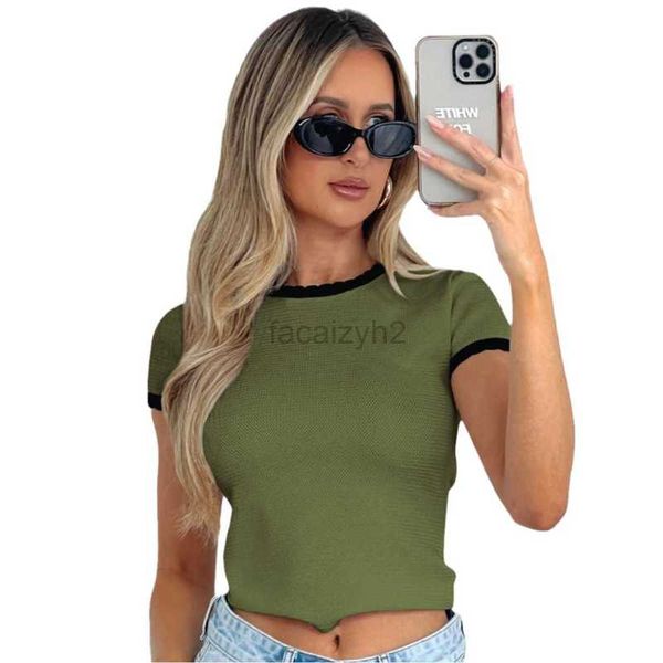 Camiseta feminina camisetas sexy vestindo roupas y2k com renda contrastante de cor, mulheres picantes garotas redondas pescoço esbelto shirt de manga curta vestindo lá fora para o verão