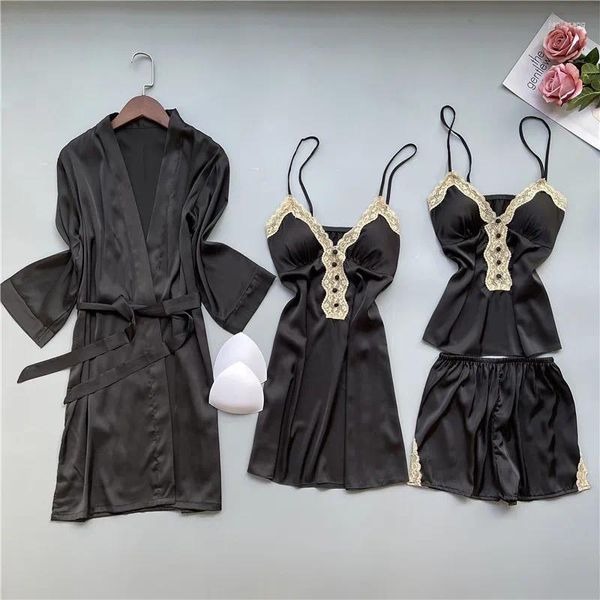 Abbigliamento da donna sexy sexy pearl bottle in raso pigiama in pizzo completo kimono abito abito 4pcs pajama pour phEmme notwear shorts set di pantaloncini cami