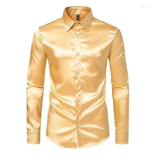 Herrenhemdhemden Seidenhemd Langarm Single Breauzed Gold Satin lässig Slim Fit Party formelle Mann Kleidung