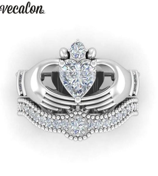 Обручальные кольца Vecalon Luxury Lovers Claddagh Кольцо 1CT 5A Циркон CZ Белый золотой