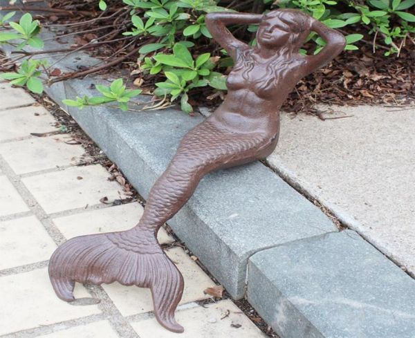 Cast Iron Mermaid prateleira Sitter ferrugem acabamento decorações de jardim em casa sentado na estátua de sol pátio pátio el pub club de decoração Ant8408741