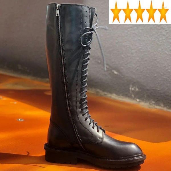 Boots Knights Ladies Long Brand Brand Motorcycle Bight High Women Женщины зашнуруют подлинную кожа