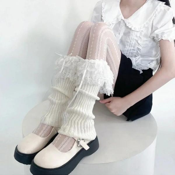 Frauen Socken Lolita Spitze Rüsche JK Mädchen Kawaii Bowknot süße lange Strümpfe warm gestrickte Fußabdeckung Knie Winter