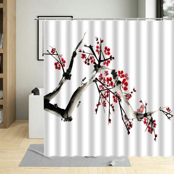 Tende per doccia inverno giorno grazioso plum blossom dipinto di stampa arte tende da bagno impermeabili con poliestere lavabile a gancio