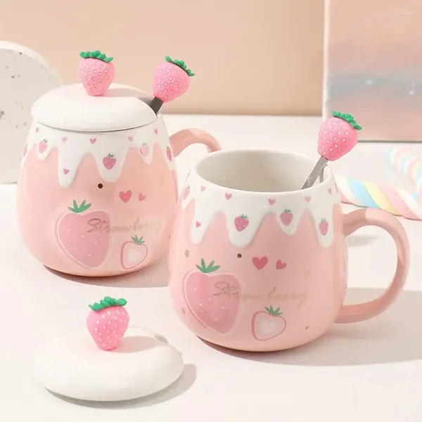 Canecas fofas de morango grande capacidade rosa kawaii copo de café da manhã caneca de café com tampa de aço inoxidável