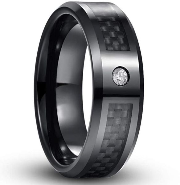 Anéis de casamento Fibra de carbono preto de 8 mm para homens e mulheres zircão de tungstênio aço inoxidável Jóias de Jóias para Giftwedding6847074