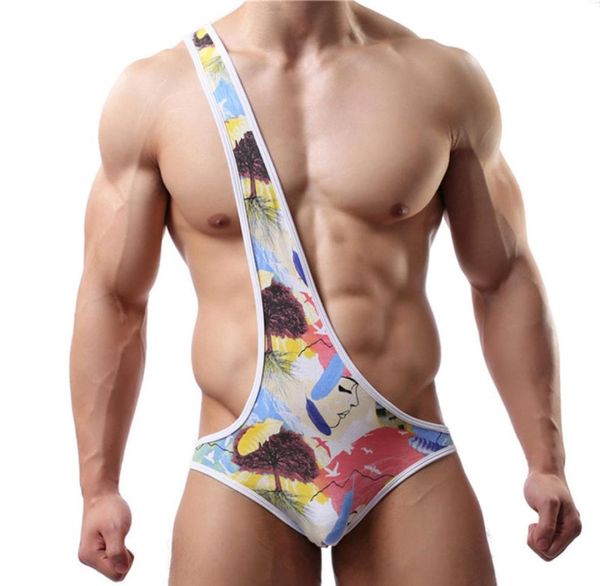 Macacão masculino macacão sexy um traje de ombro mankini moda de banho imprimida algodão sexy lingerie bodysuits sofisticados masculino clubwear6765191