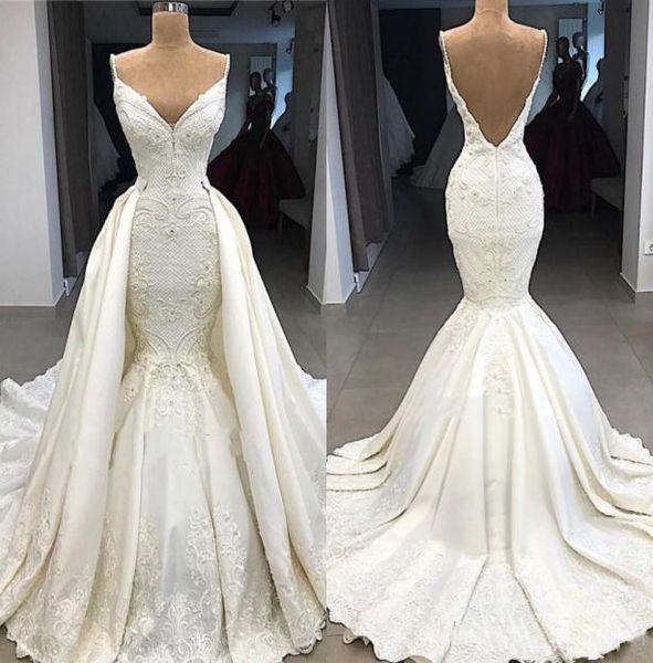 Abito da sposa lussuoso a V del collo a V delicata con pizzo di treno staccabile più piccole abiti da sposa senza schienale personalizzato Custom8325059