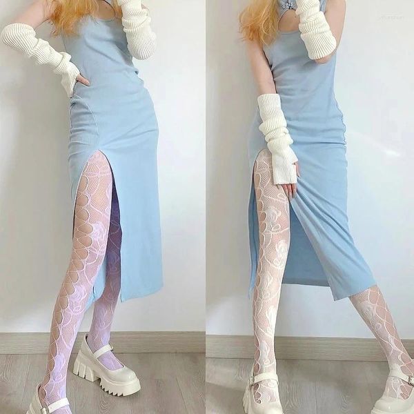 Kadınlar SOCKS Kadınlar Seksi Külotlu Köplü Balık Çorapları Renkli Gül Çiçekleri Yan Delik Out Stranty Sheer Lolita JK Tayt