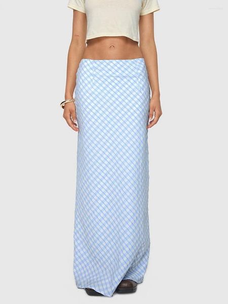 Saias de moda feminina primavera verão longa saia longa xadrez azul slim para viajar praia compra de pele amigável s m l