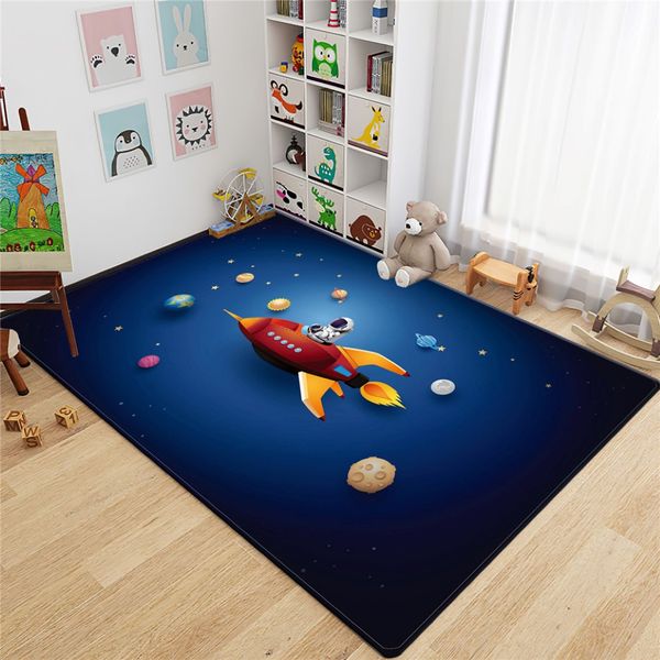Mode moderne Cartoon -Raketen Astronaut 3D Teppich Kinderzimmer Fell Flachschwamm Fußboden Jugendzimmer Süßes Kriechtheater Polster C 181V