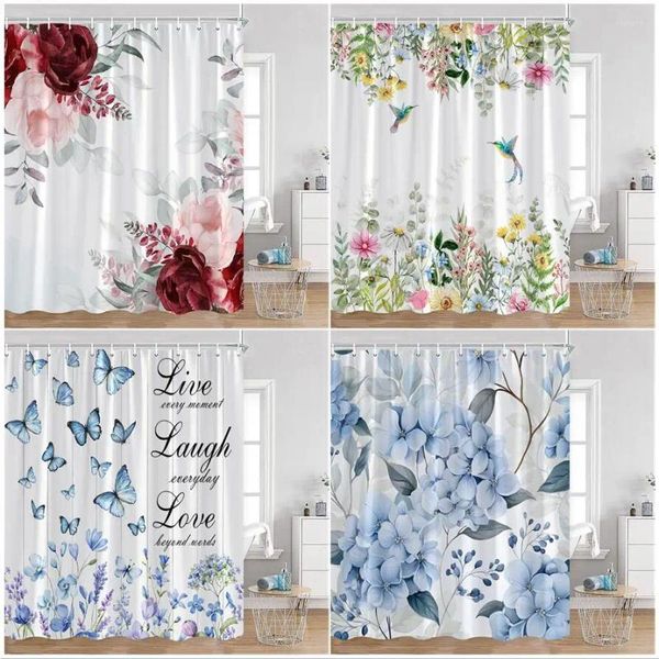 Tende per doccia tende floreali fiori ad acquerello pianta pianta idrangea lavanda farfalla set da bagno decorazioni in tessuto con ganci