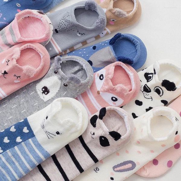 Frauen Socken 5 Paar süße Sockenruhrschuhe Kawaii Cartoon Boden Kurzfeder Garn 3d Tierohr unsichtbar ohne Show Baumwollboot