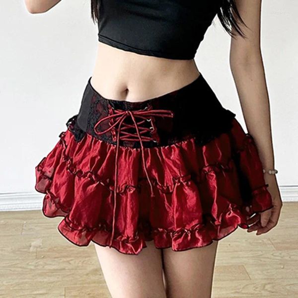 Röcke dünne Schnür-Mini für Sommer-Frauenrock 2024 Sexy Schnüren-up hohe taillierte Retro Red A-Swing Slim Frau