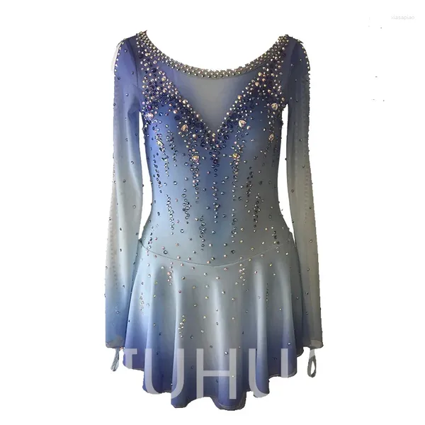 Bühnenbekleidung Liuhuo Ice Figur Skating Kleid Girls Blue Gradienten Frauen Teenager Dehnbarer Spandex -Wettbewerb Großhandel Großhandel