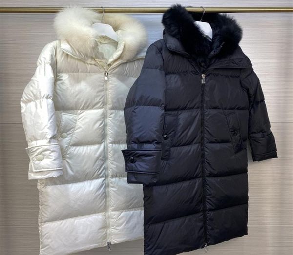 Mulheres gola de pele de raposa grossa de inverno quente Down Jackets Solid Color Zipper Grandes bolsos com capuz comprido casacos de casacos