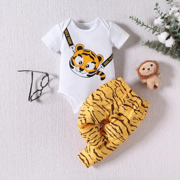 Roupas conjuntos de roupas meninos infantis garotas roupas de verão de manga curta desenho animado estampas de animais tigre calças de macacão de tigre 2 peças roupas de 0-2 anos