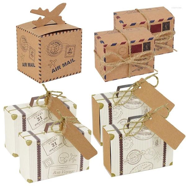 Geschenkverpackung 10pcs Mini Koffer Süßigkeiten Schachtel Kraftpapier Hochzeit Gefälle Verpackungstasche Reise Thema Geburtstagsfeier Babypartyzubehör Vorräte