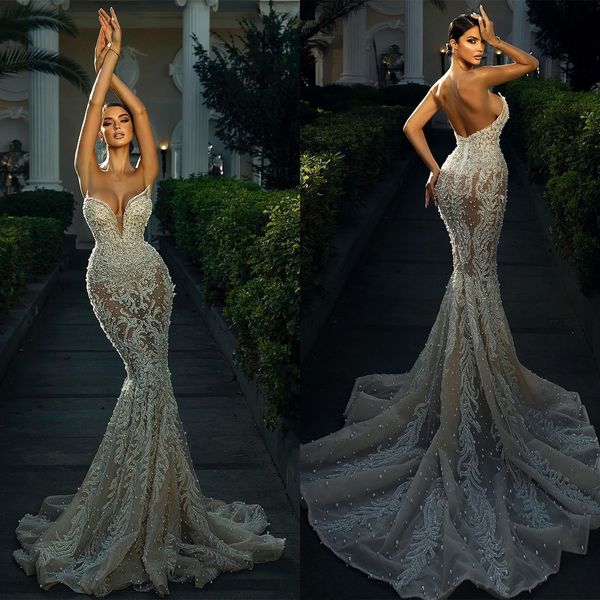 Abito da ballo di sirene sexy Appliques di lusso perle abito da sera senza schienale con scollo a V Deep Sweep Sweep Tail Bridal Bridal Bridal Bridal Custom ha fatto di dimensioni più dimensioni Vestitido de noni