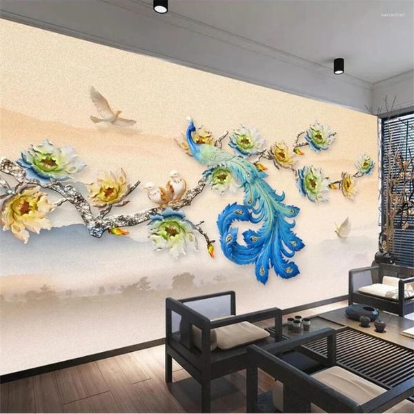 Tapeten Wellyu Custom Tapete 3d Wandbauer moderne minimalistische chinesische geprägte florale Pfauentferner -TV -Hintergrund Wall Papel de Parde