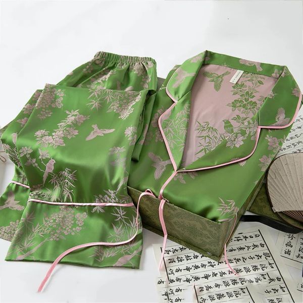 Pigens Womens Fiori stampati in stile cinese 2 pezzi Set di sonno indossa casual primavera e estate pantalone a maniche lunghe set abiti da casa 240428