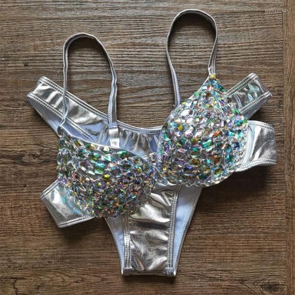 MEDIA Feminina 2024 Sexy Luxury Diamond Silver Bikinis Conjunto de mulheres Push up Up biquinis feminino strass cristal mel lua de lua