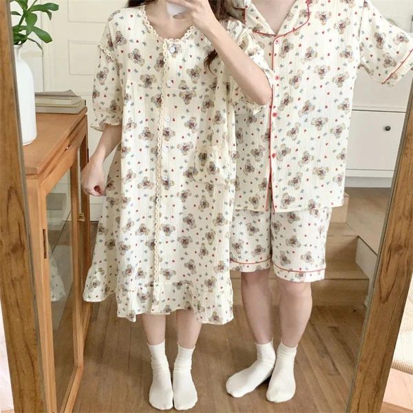 Home Clothing Limiguyue Hochwertiges Cartoon Paar Pyjama Set Bär Kurzarm Spitze bequeme Baumwollmänner Shorts Frauen Nachthemd süß