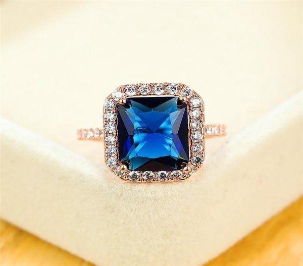 Hochzeitsringe Vintage weibliche blaue Kristall Stein Ring Luxus Roségold Farbe für Frauen Versprechen Liebe Square Verlobungsring17029154