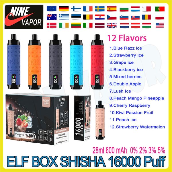 Elf Box Shisha 16000 Puff Poft Disponível Vape Pen 28ml PRESENTE PRETO PRETO CHUGS CIGS ELETRONHO DE BATERAGEM DE CIGS 16K 0% 2% 3% 5% e cigarros