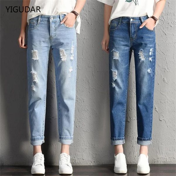 Frauen Mode mittlere Taille Freund Big Ripped Hole Jeans Casual High Street Jeanshose Sexy Vintage Bleistift Calca 240423