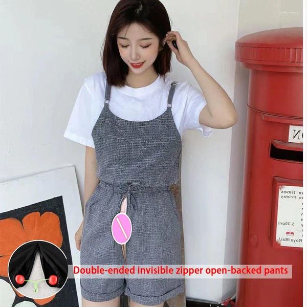 Jeans femininos Summer Sweet Suspender Pants for Women 2024 Invisible Open Crotch Jumpsuit Alta cintura larga Dunguees Cargo