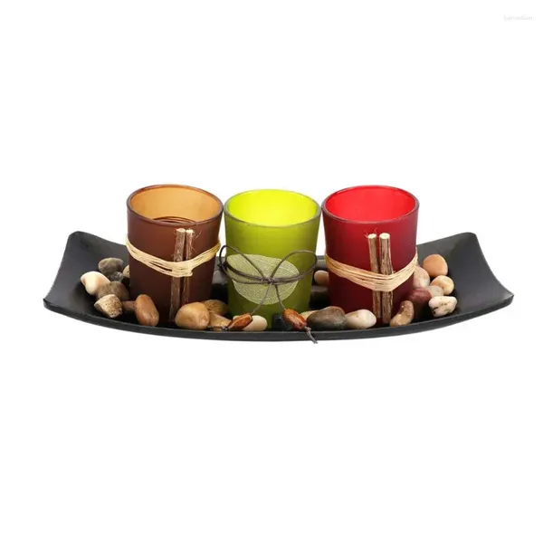 Mum Tutucular Doğal Mumlar manzarası 3 küçük Led Işık Kaya ve Ahşap Tepsi Tealight ile Alevsiz Mumlar C için