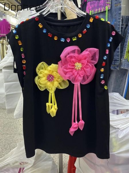 Camicie da donna 2024 estate squisite strass in maglia cucitura 3d grande fiore senza manico