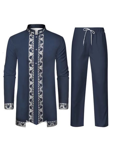 Robe muçulmano Roupas tradicionais de roupas árabes Roupas 3D Impressão de padrão preto Branco Amarelo azul de calça de mangas compridas 240428