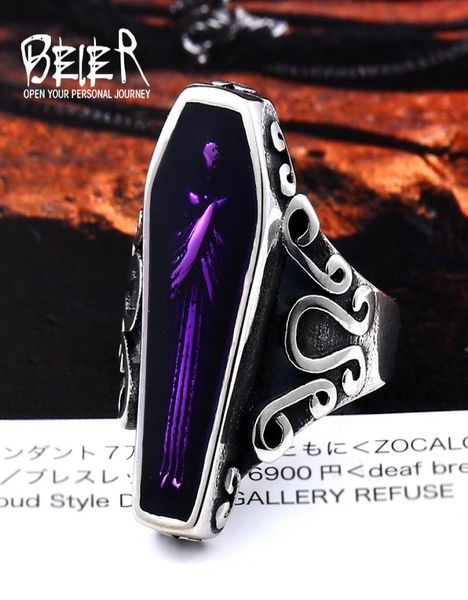 Undertaker Skull Gothic Antique Vampire Anello inossidabile in acciaio inossidabile con film di colore viola Punk Rock Jewelry per Man BR85015899963