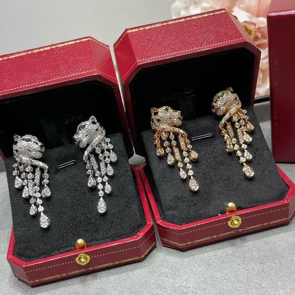 Designer di lusso Orecchini in oro Tiger Orecchini a cristallo full Diamond Designer Leopard Testa Lunga Nappa a catena Crystal Crystal Drop Cristal Drop Cascone per donne gioielli con scatola