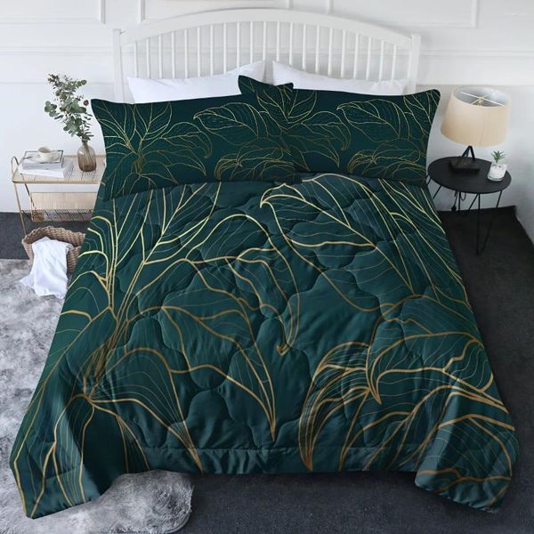 Bettwäsche Sets Smaragdblätter Bettdecke Set Golden Print Forest Green Down Alternative für alle Jahreszeiten