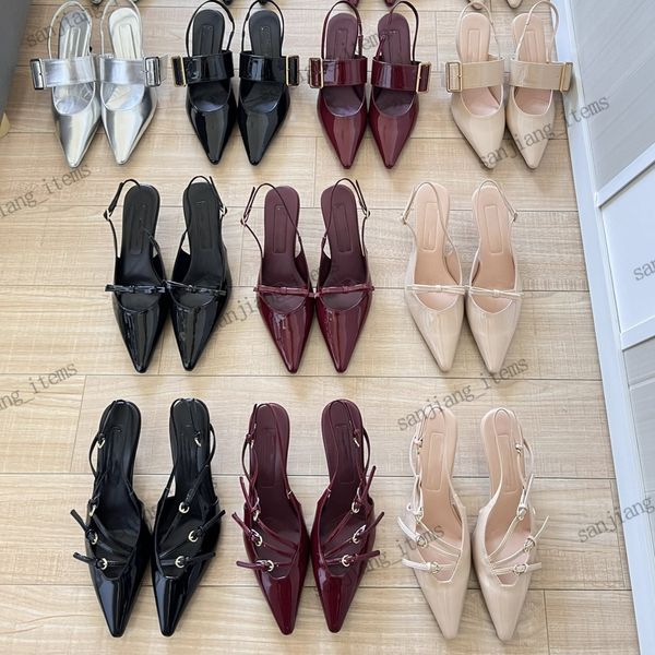 Зеркальные кожаные сандалии Slingback с пряжками Bow Stiletto каблуки Slides Женский роскошный дизайнер насос летние сексуальные туфли для вечеринки вечерние свадебные бренды высокая каблука